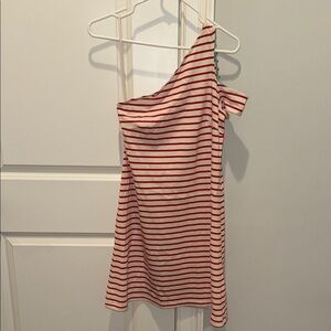 Anthropology Maeve Red and Cream Striped One-Shoulder Dress